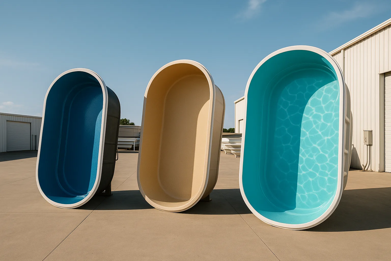 Three fiberglass pool shells in different colors lined up on their sides in a manufacturer's storage yard