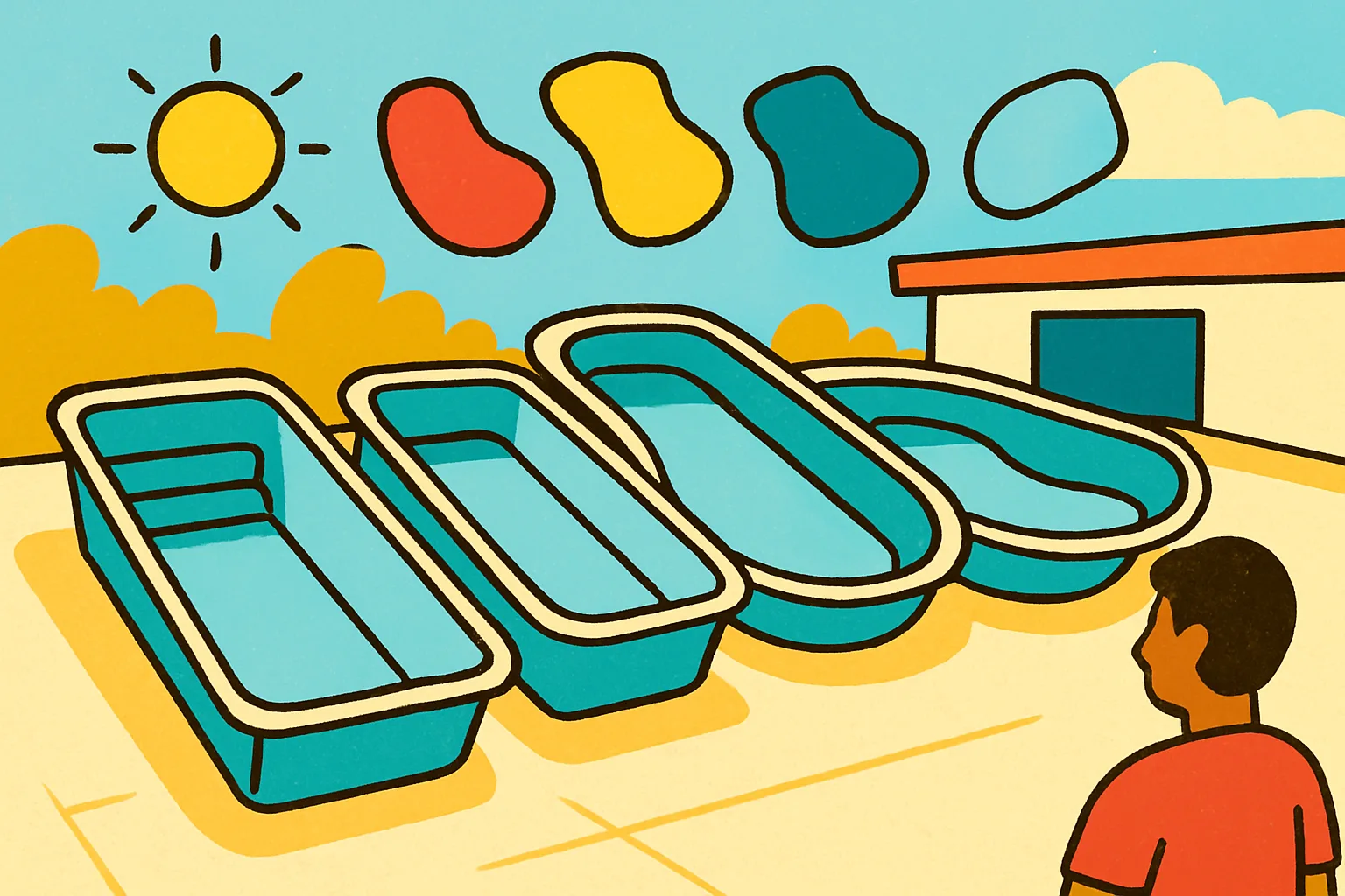Illustration of a showroom row of pool shells with colorful gelcoat swatch chips