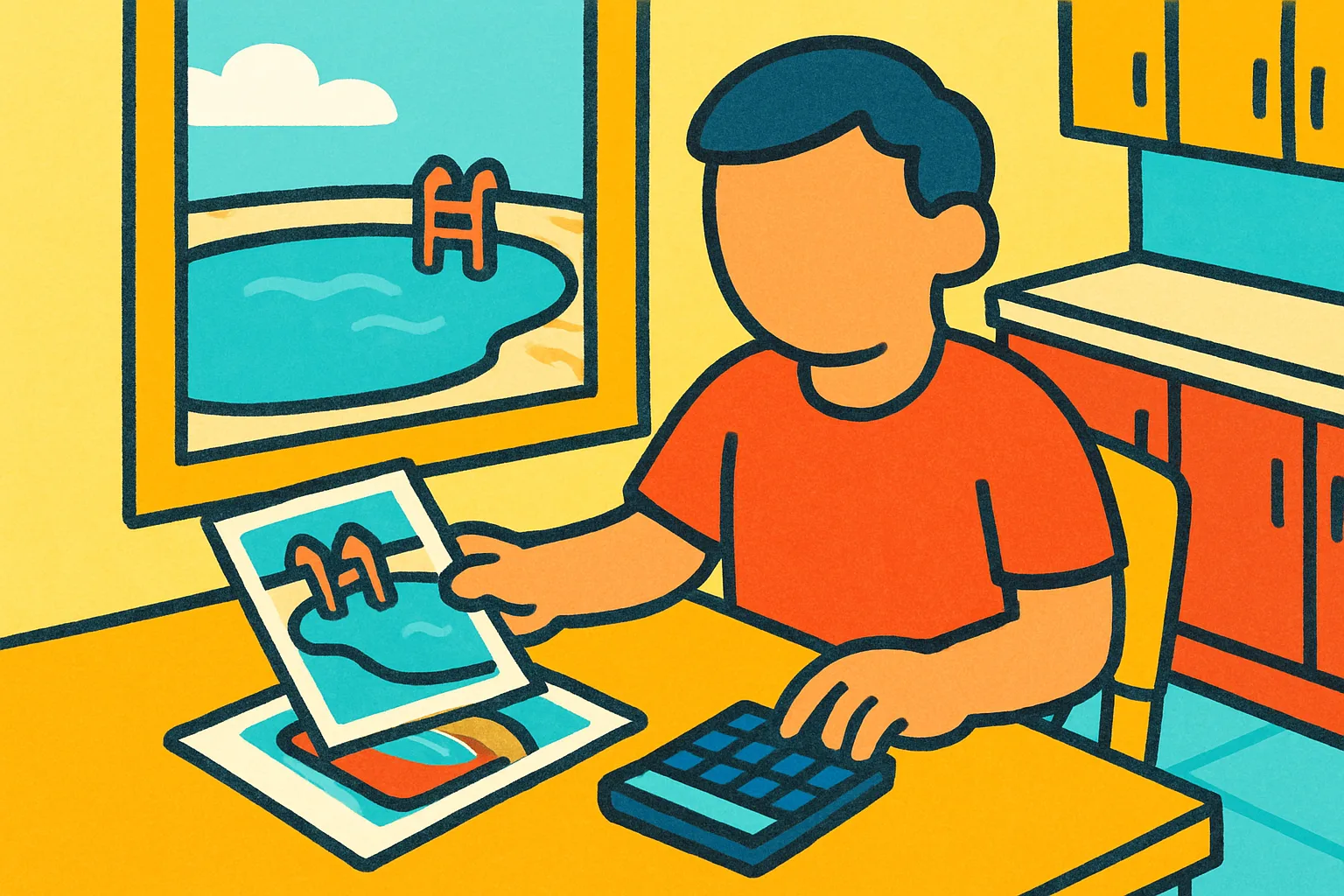 Illustration of a homeowner at a kitchen table with pool brochures and a calculator, a pool visible through the window