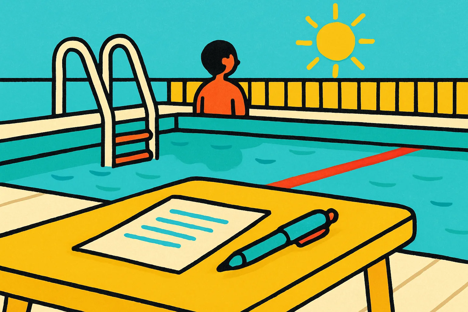 Illustration of a pool on a deck with a paper document and pen resting on a table