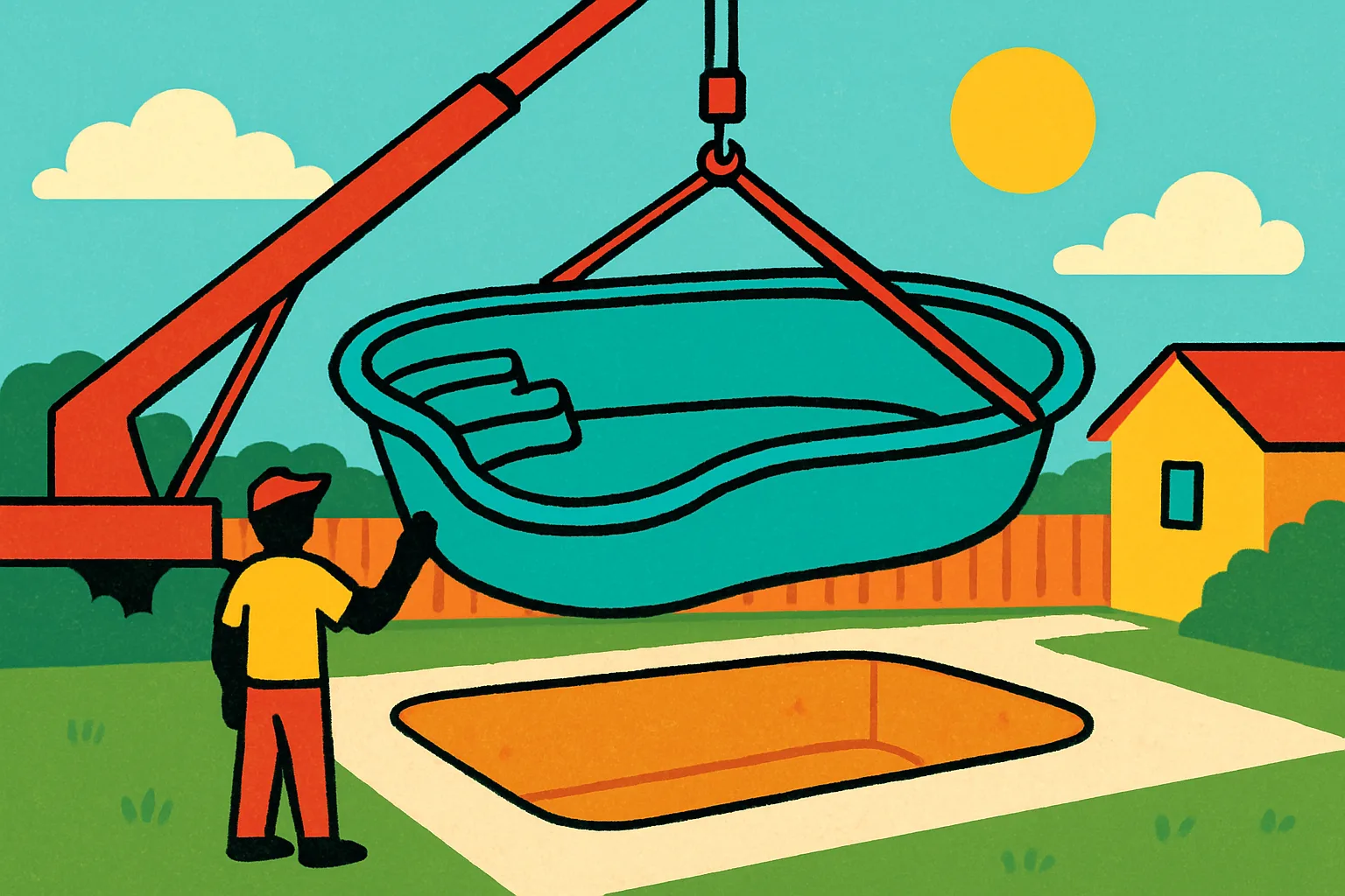 Illustration of a crane lowering a fiberglass pool shell into a backyard mid-installation