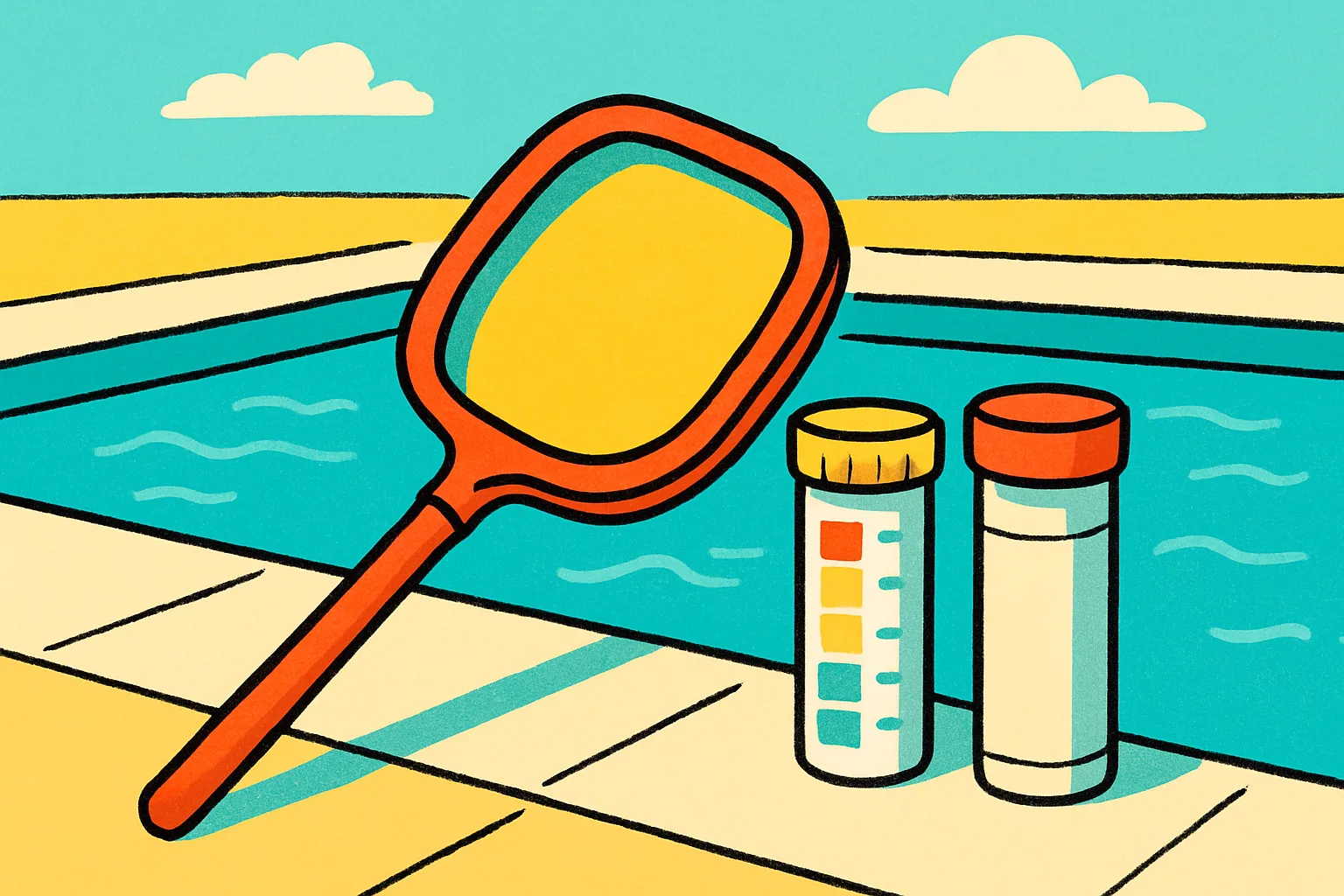 Illustration of a pool skimmer and water-testing vials resting poolside