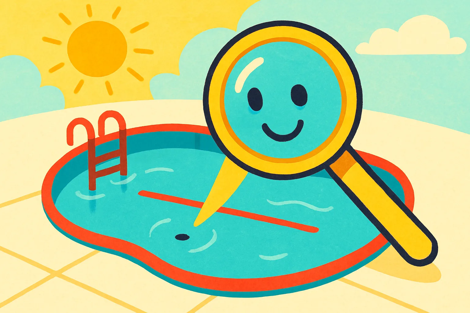 Illustration of a pool shell with a magnifying glass hovering over a spot on its surface