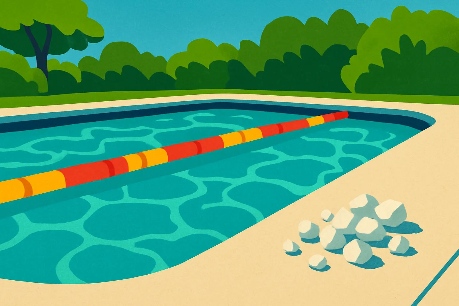 Illustration of a fiberglass pool in bright daylight with salt crystals scattered across the deck