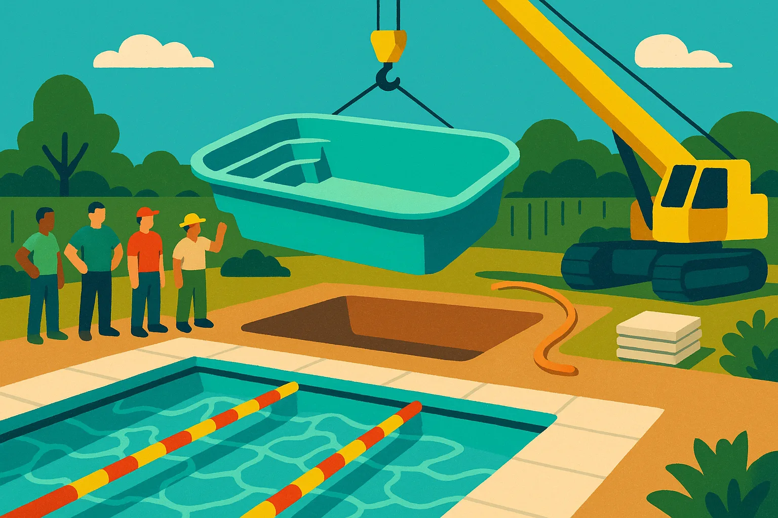Illustration of a crane lowering a fiberglass pool shell into a backyard excavation on a sunny day