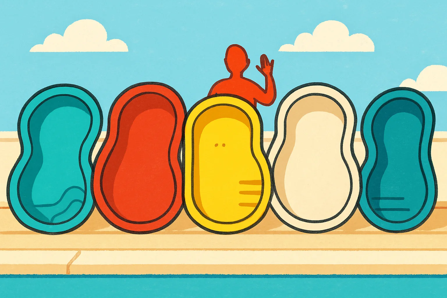 Illustration of a lineup of pool shell silhouettes in different colors, like a team photo