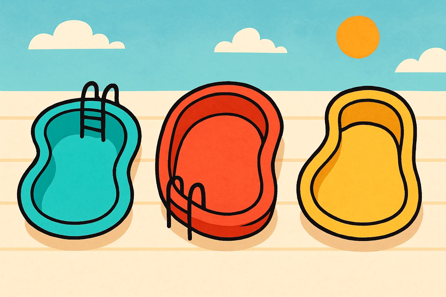Illustration of three pool shells lined up side by side on a sunny deck like contestants
